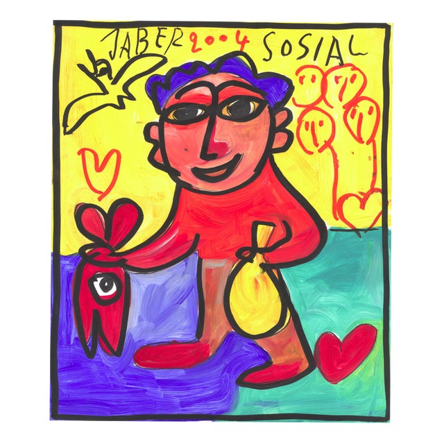 Jaber, Boy and Fish, Acrylic Painting on Paper For Sale