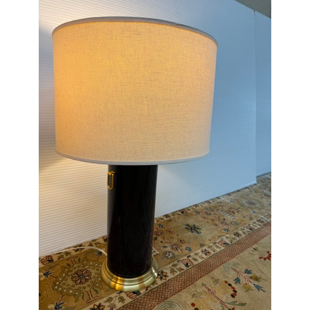 2010s Pottery Barn Navy Ceramic + Brass Table Lamps, Pair For Sale - Image 5 of 12
