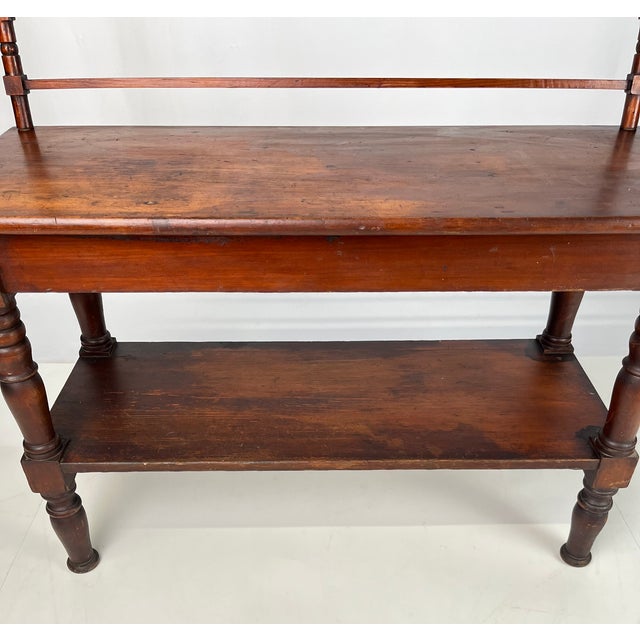 Antique Rustic Wood Baker's Rack / Wash Stand With Slotted Gallery & Lower Shelf For Sale - Image 10 of 13