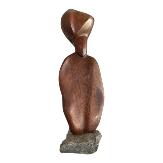 Mid Century Wood and Stone Statue, Decorative Object For Sale