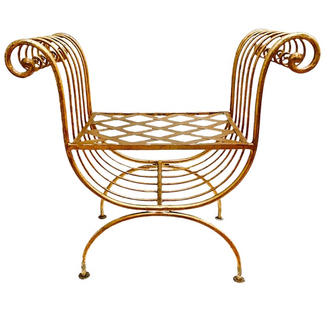 Gold 1960 Italian Hollywood Regency Gilt Wrought Iron Curule Vanity Bench For Sale - Image 8 of 8