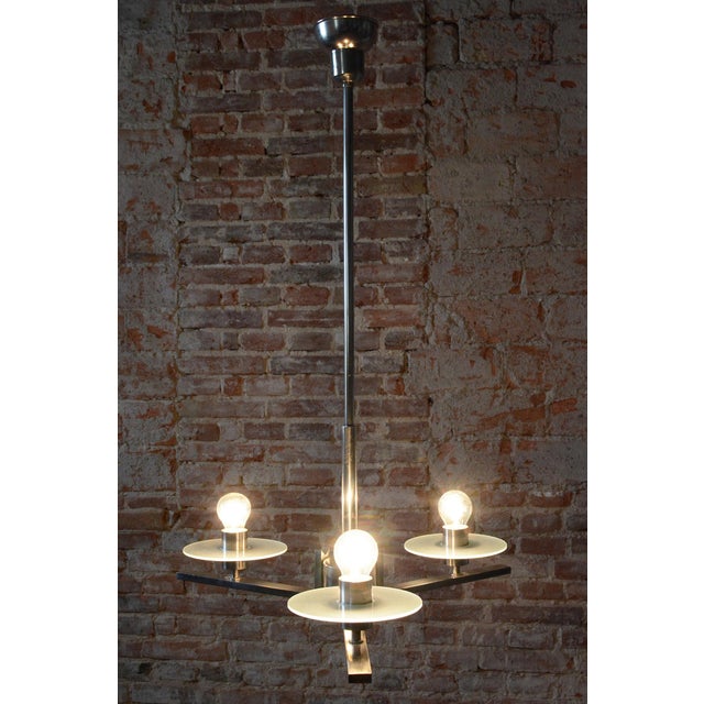 Bauhaus Chandelier in Nickel-Plated Steel and Opaline Glass, Czech, 1930s For Sale - Image 12 of 13