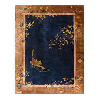 1920s Blue Navy Floral Modern Handknotted Antique Chinese Art Deco Rug 9' X 11'9" Wool Carpet For Sale