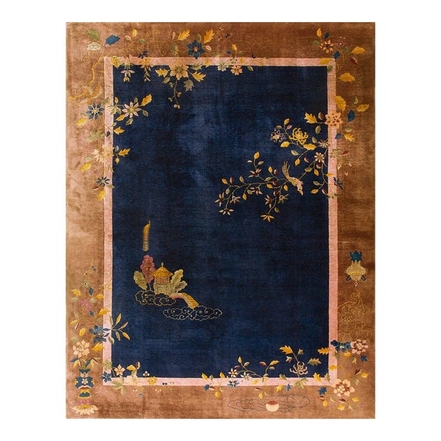 1920s Blue Navy Floral Modern Handknotted Antique Chinese Art Deco Rug 9' X 11'9" Wool Carpet For Sale