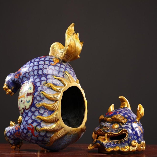Late 20th Century Vintage Chinese Gilt Cloisonné Mythical Beast Incense Burner (Luduan) - 2560g For Sale - Image 5 of 9