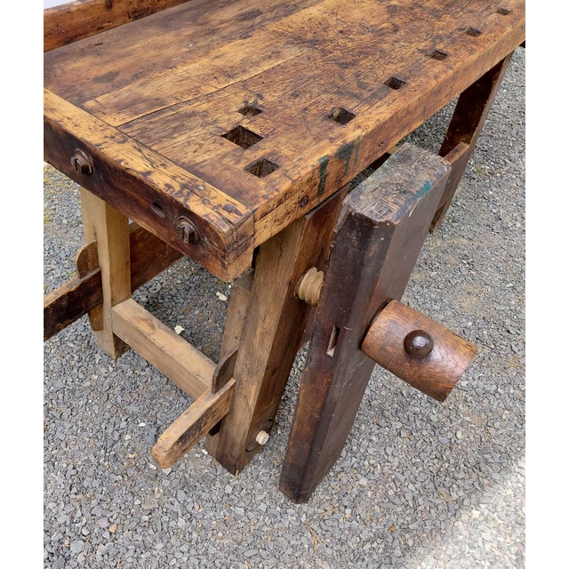Wood Antique Carpenters Workbench Kitchen Island For Sale - Image 7 of 13