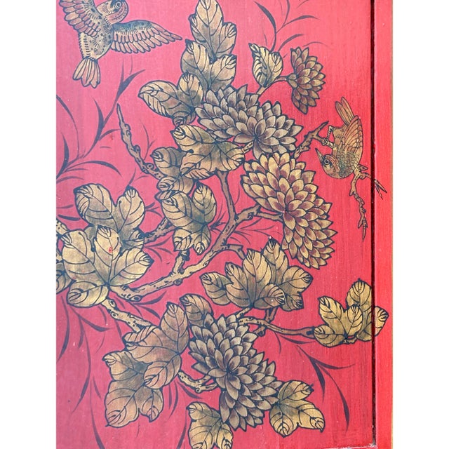 Oriental Distressed Red Black Golden Graphic Side End Table Nightstand For Sale - Image 9 of 9