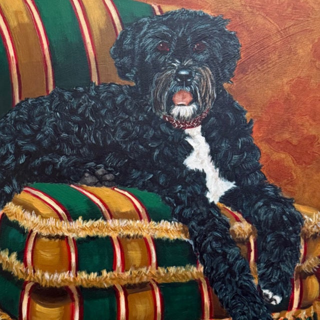 Pair of Large Original Oil Portraits of a Portuguese Water Dog on a Striped Bergère For Sale In San Diego - Image 6 of 14