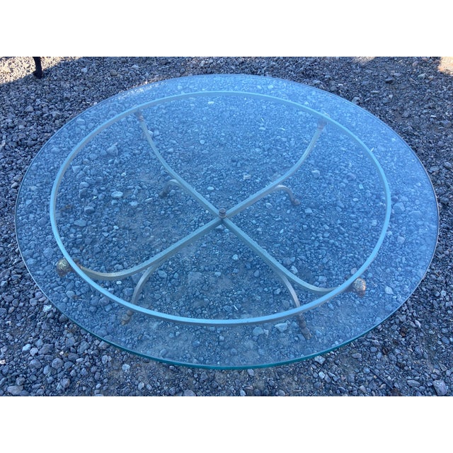 1970s Vintage Maison Jensen Style Steel and Brass Hoof and Ram's Head Glass Coffee Table For Sale - Image 5 of 16