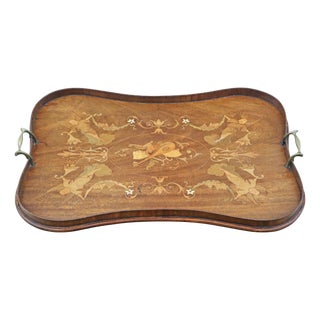 Antique Serving Tray in Inlaid Mahogany, 1890s For Sale