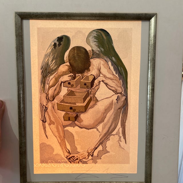 1960s “Fallen Angel by Salvador Dali. Hand Signed Purple Woodcut, 13 X 10 1/4 In. Print, Framed 22x17 3/4x1 1/2in., Image 10x7 In., 1960 Orig., France For Sale In Jacksonville, FL - Image 6 of 6