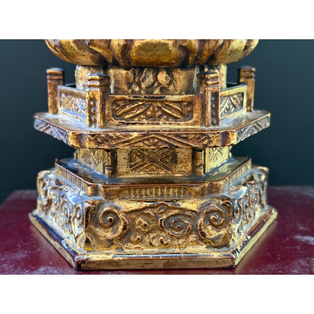 Japanese Carved Wood Buddha With Gold Leaf & Black Lacquer Mid-20th Century For Sale - Image 9 of 12