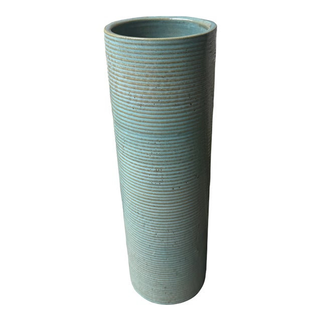 Tall Ribbed Pottery Vase, Turquoise For Sale