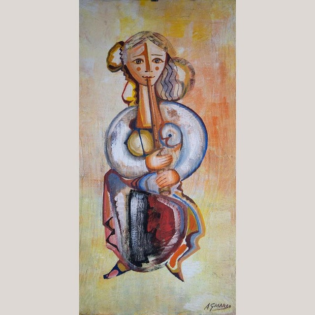 Blue Alejandro Giner Marco, Woman with Flute, Oil on Board For Sale - Image 8 of 8