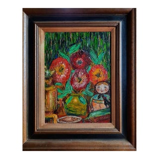 David Burliuk (1882–1967) Signed Expressionist Oil Painting, Floral Still Life With House-Vase For Sale