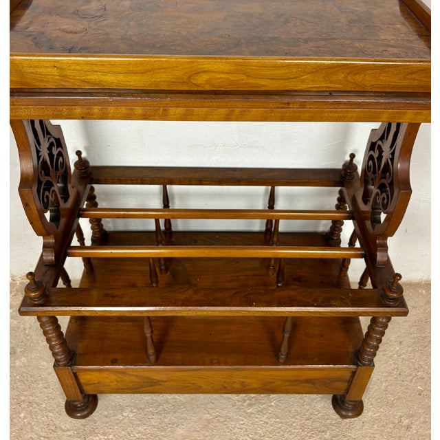 1930s Victorian Walnut Canterbury Magazine Rack with Tray Top, 1930 For Sale - Image 5 of 11