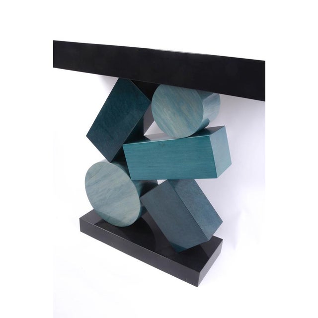 Blue Equilibre Console in Blue and Black Tinded Marquetry by Aymeric Lefort For Sale - Image 8 of 18