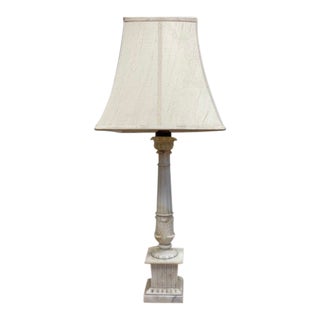 1920s Antique Marble Column Lamp With Silk Shade For Sale