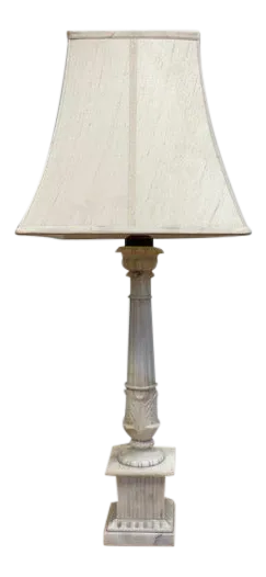 1920s Antique Marble Column Lamp With Silk Shade