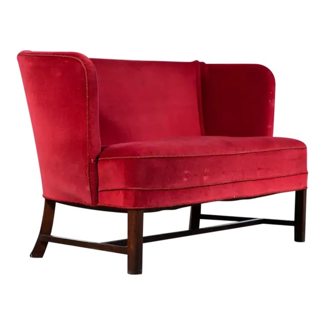 Danish Classic 1930s "Banana-Style" Settee or Bench in Red Velvet For Sale