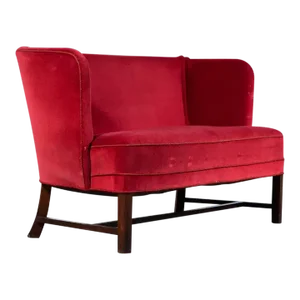 Danish Classic 1930s "Banana-Style" Settee or Bench in Red Velvet