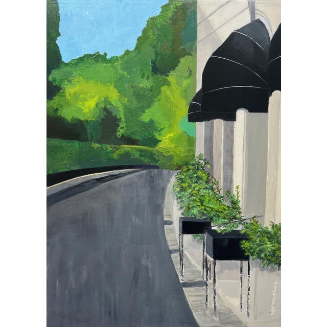 “Cap D'Ail" Contemporary Impressionist Cityscape From South of France in Greens, Black and Grays by Mill Valley Artist Mary Anne McKernie For Sale