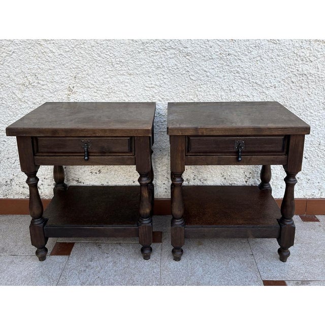 Rustic Spanish Castilian Bedside Tables in Wood, 1940s, Set of 2 For Sale - Image 3 of 12