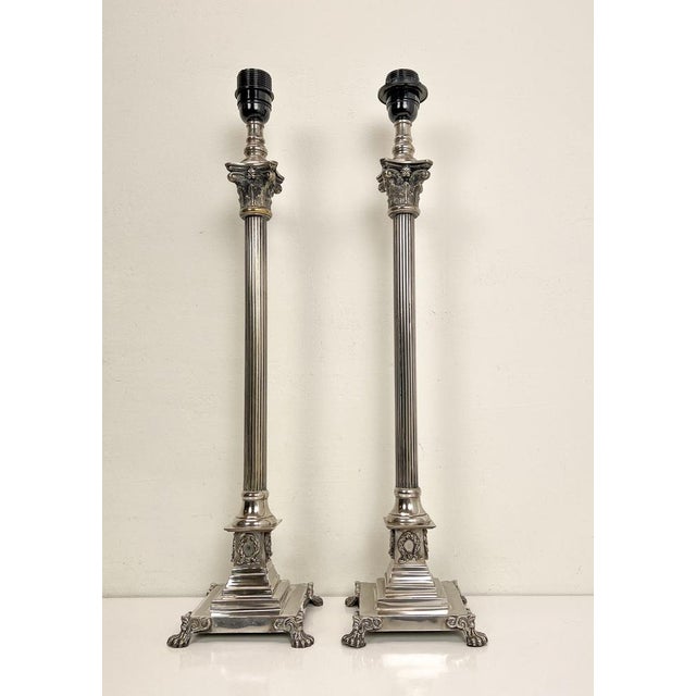 Corinthian Style Table Lamps in Nickel Plated Brass with Claw Feet, 1950s, Set of 2 For Sale - Image 17 of 17