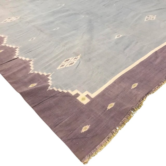 Traditional Vintage Dhurrie Square Rug in Blue With Geometric Patterns | Rug & Kilim For Sale - Image 3 of 5