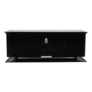 Art Deco High-Gloss Black Lacquered Sideboard with Stylized Woman's Head Emblem, 1930s For Sale