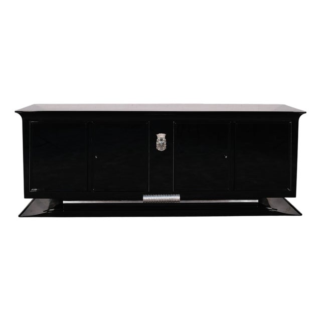 Art Deco High-Gloss Black Lacquered Sideboard with Stylized Woman's Head Emblem, 1930s For Sale