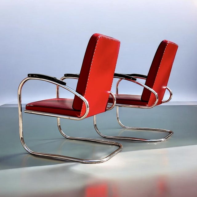 Bauhaus Modern Tubular Steel Seating Group Set of 2 Cantilever Armchairs and 1 Stool Ottoman by Mauser Werke, Mod. RS7 & RH1, Germany, 1935 For Sale - Image 10 of 18