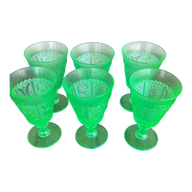 1930s Art Deco Green Pressed Uranium Vaseline Glass Goblets - Set of 6 For Sale