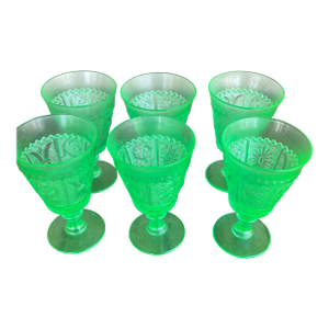 1930s Art Deco Green Pressed Uranium Vaseline Glass Goblets - Set of 6