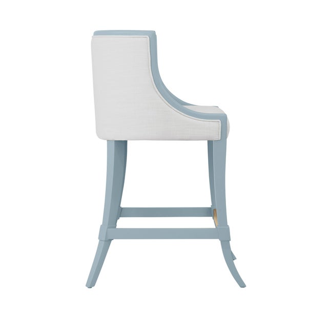 Contemporary Matthew Izzo Home Keaton Matte Light Blue Lacquer Klismos Leg Counter Stool With White Performance Linen and Brass Foot Rail For Sale - Image 3 of 6