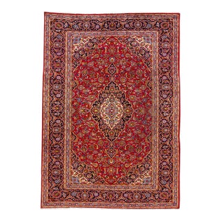 Vintage Persian Kashan Handmade Red Floral Wool Rug For Sale