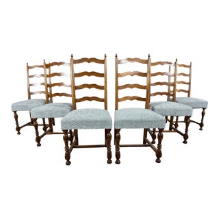 Reupholstered French Country Ladder Back Dining Chairs - Set of 6 For Sale