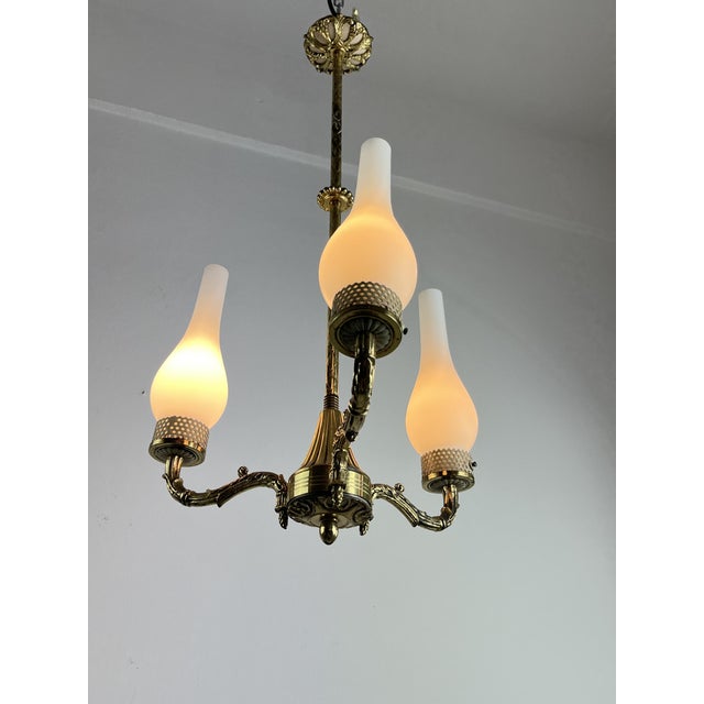 Mid-Century Modern Mid-Century 3-Light Chandelier in Brass and Opaline Glass in the style of Stilnovo, 1950s For Sale - Image 3 of 12