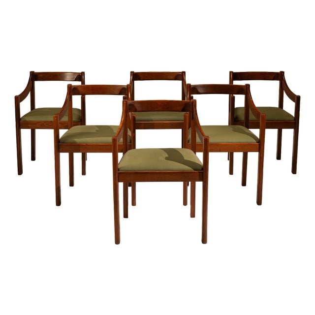 Dining Chairs in Stained Ash and Green Leatherette, Italy, 1970s, Set of 6 For Sale