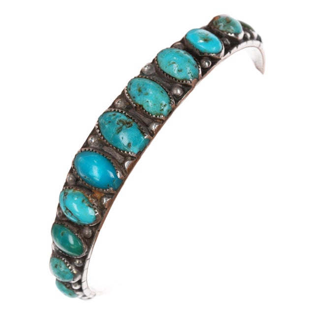 6 7/8" C1920's Navajo Ingot Silver Turquoise Row Cuff Bracelet For Sale