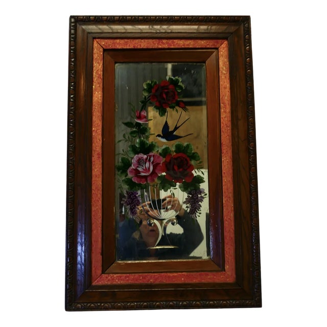 Victorian Reverse Painted Etched Mirror For Sale