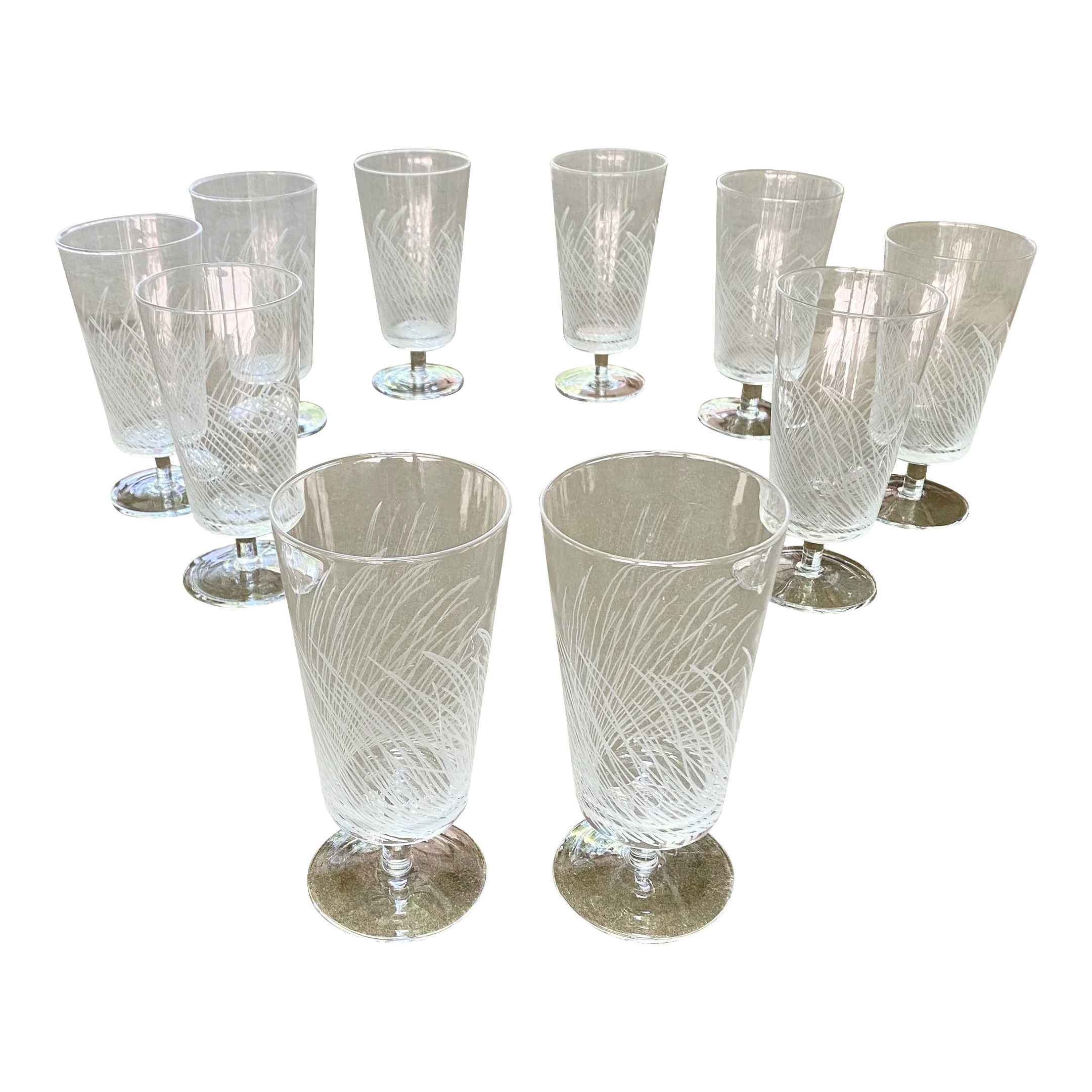 1970s Flat Bottom, Short Stem Cocktail/Water Glasses, Hand Etched Abstract  Pattern- Set of 10 | Chairish