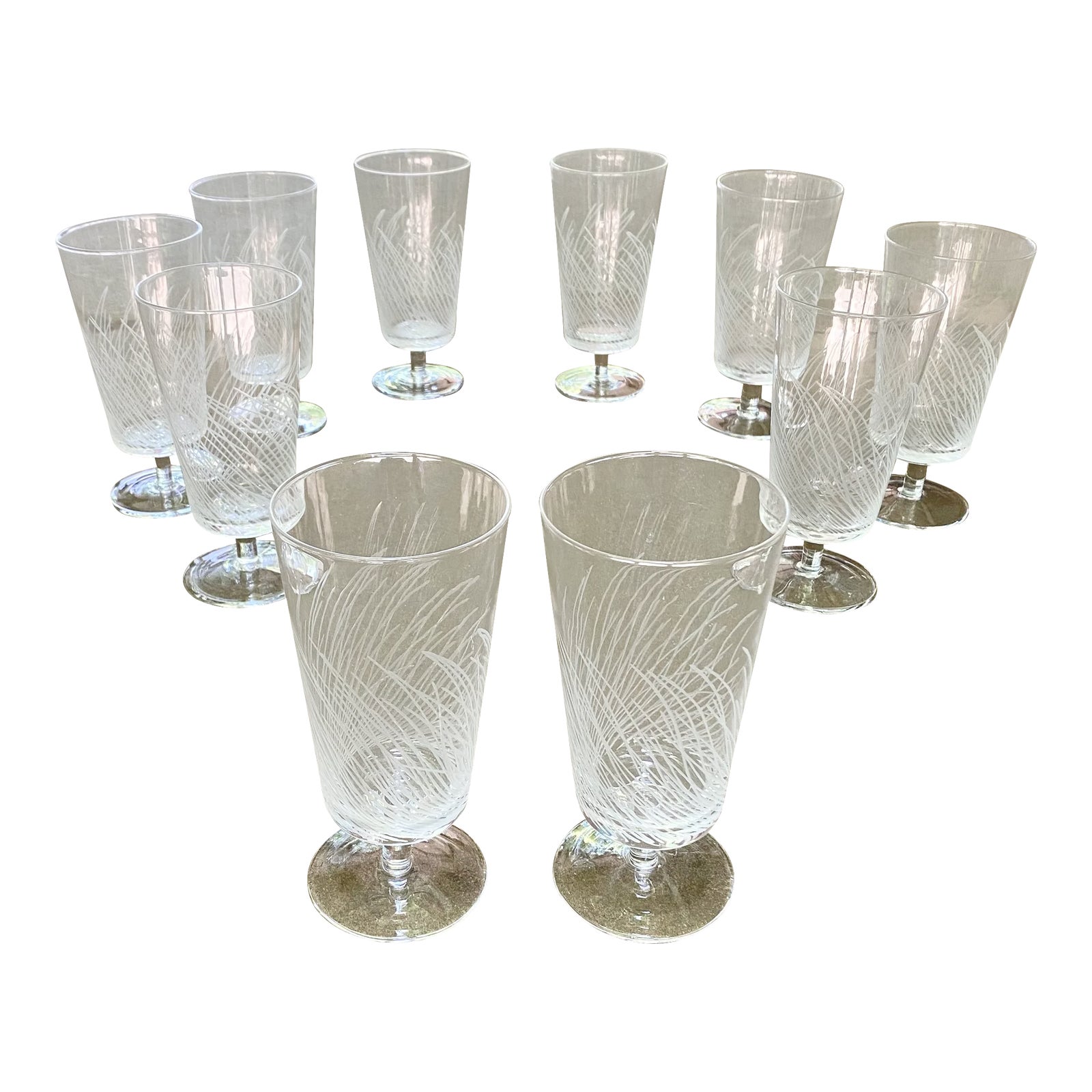 1970s Flat Bottom, Short Stem Cocktail/Water Glasses, Hand Etched ...