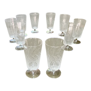1970s Flat Bottom, Short Stem Cocktail/Water Glasses, Hand Etched Abstract Pattern- Set of 10
