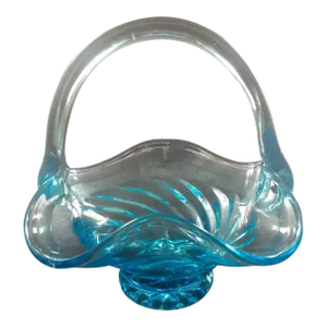 1970s Fenton Aqua Blue Swirl Art Glass Basket