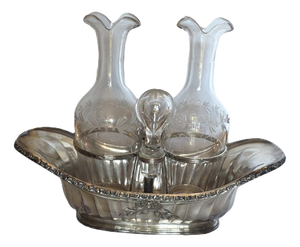 Antique 20th Century French Engraved Crystal Cruet and Silver-Plated Metal Stand from Gallia, 1890s