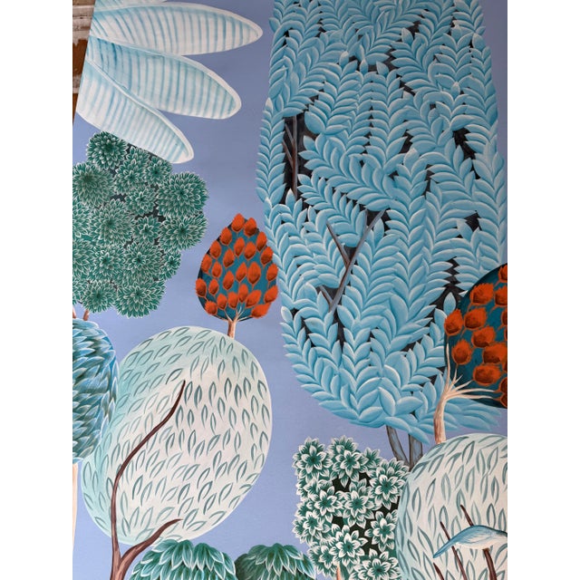 Blue Chinoiserie Mural | Hand-Painted Xuan Paper Wallpaper With Birds, Tropical Foliage & Leopard | Set of 4 For Sale - Image 6 of 7