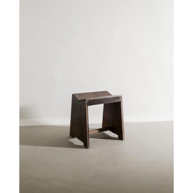 Rare French mid century wooden "sewing" low stool in stained teak with a nice and iconic lettering on the side by Pierre...