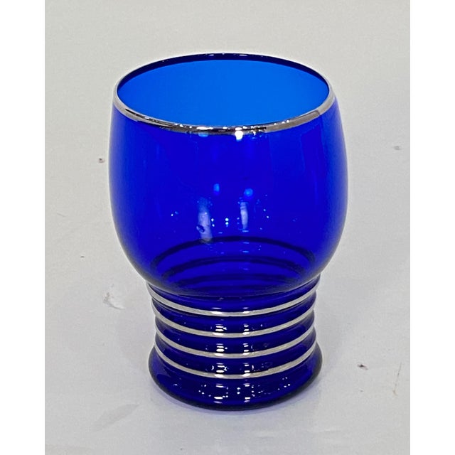 French Mid 20th Century Art Deco Era Cobalt Blue Glass Barbell Martini Cocktail Shaker Set From France For Sale - Image 3 of 11