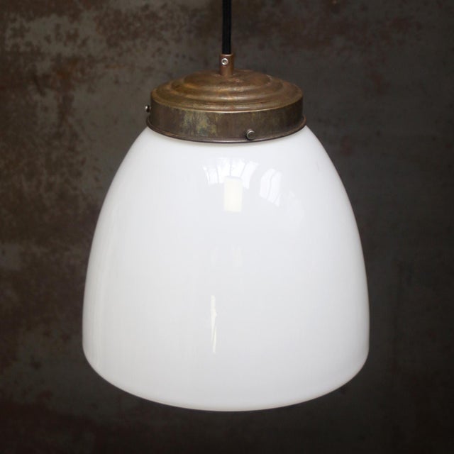 Early 20th Century White Opaline and Brass Top Pendant Light from Philips, Holland For Sale - Image 6 of 7